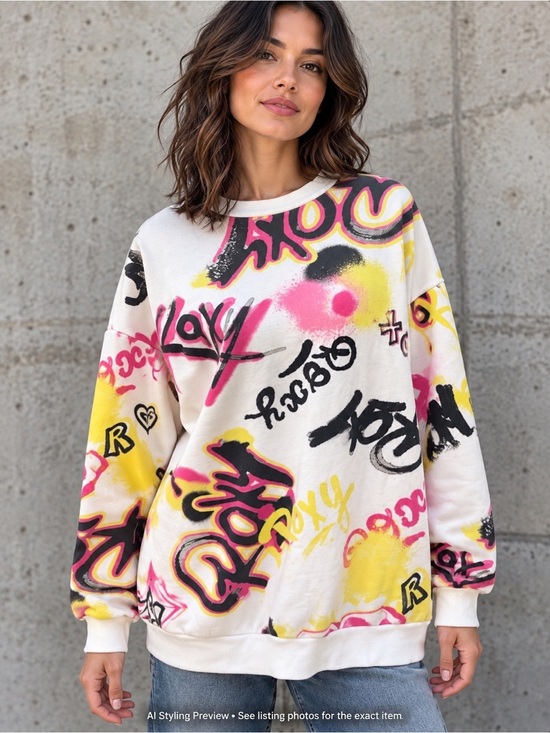 Roxy Tops - Roxy x Kelia Graffiti Print Oversized Sweatshirt Y2K Streetwear Sz S Fits M-L
